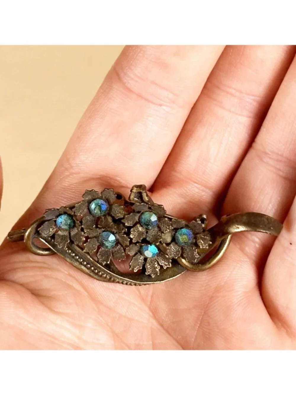 Vintage Art Nouveau Revival Floral Brooch Antique Bronze AB Rhinestone C39